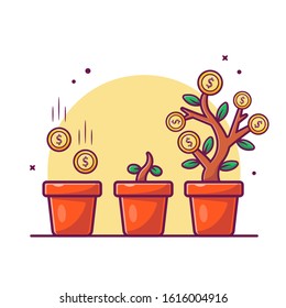 Invesment Plant Money With Gold Coin Cartoon Vector Icon Illustration. Finance Object Icon Concept Isolated Premium Vector. Flat Cartoon Style