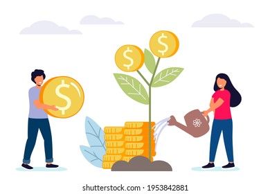 Invest in best idea Investment and analysis money cash profits metaphor Flat tiny people and business concept for trading Economical wealth revenue visualized as growing on a tree vector illustration