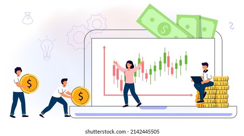 Invest in best idea Investment and analysis money cash profits metaphor Flat design tiny people and business concept for trading. Economical wealth revenue visualized as pile cash vector illustration