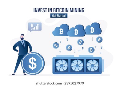 Invertir en minería de bitcoin. Un inversionista masculino tiene una moneda de gran valor, una enorme tarjeta de video gana criptodivisa. Cloud computing, tecnología blockchain. Propagación y crecimiento de monedas criptográficas. Ilustración del vector