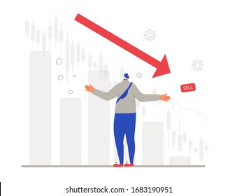 Invest in the company's bonds fail. Inexperienced minor shareholder. Stock market crash. Frustrated young man standing surrounded investment graph. Collapsing stock prices. Vector flat illustration.