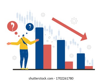 Invest in the company's bonds fail. Inexperienced minor shareholder. Stock market crash. Frustrated young man standing surrounded investment graph. Collapsing stock prices. Vector flat illustration.