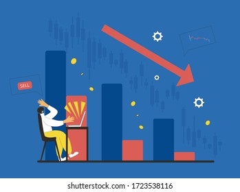 Invest in the company's bonds fail. Inexperienced minor shareholder. Stock market crash. Frustrated man looking at computer screen on graph. Collapsing stock prices. Vector flat illustration.