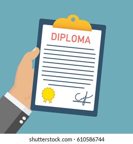 Invest in education concept. Hand holding diploma on paper clip.  Vector illustration in flat style design. 