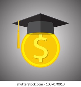 Invest in education concept. Student cap. Money savings for study. Dollar banknote vector illustration