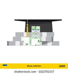 Invest in education concept. Student cap. Money savings for study.  hryvnia banknote vector illustration.