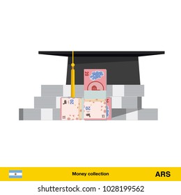 Invest in education concept. Student cap. Money savings for study.  Peso banknote vector illustration.