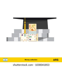 Invest in education concept. Student cap. Money savings for study.  Peso banknote vector illustration.
