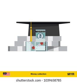 Invest in education concept. Student cap. Money savings for study.  Ringgit banknote vector illustration.