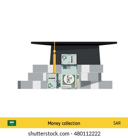 Invest in education concept. Student cap. Money savings for study. Saudi Arabian Riyal banknote vector illustration.