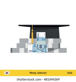 Invest in education concept. Student cap. Money savings for study. South Korean Won banknote vector illustration.