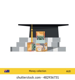 Invest in education concept. Student cap. Money savings for study. Australian Dollar banknote vector illustration.
