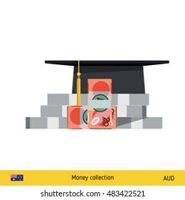 Invest in education concept. Student cap. Money savings for study. Australian Dollar banknote vector illustration.
