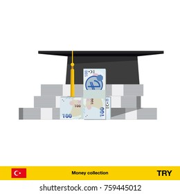 Invest in education concept. Student cap. Money savings for study. turkey lira banknote vector illustration.

