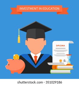 Invest in education concept. Vector illustration in flat style design. Stack of books, diploma and university student cap. Scholarship, money savings, loan.