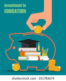 Invest in education concept. Vector illustration in flat style design. Stack of books, diploma and university student cap. Money savings or loan for study