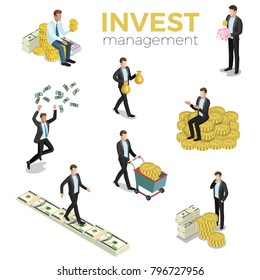 Invest flat 3d isometry isometric business investment concept web vector illustration. Businessmen stores money dollar banknote and coin. Creative people collection.