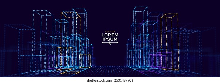 Invest in Future Smart Digital City Concept. Urban Architecture High Towers Concept of the Future City. Virtual Reality Abstract Digital Skyscraper Buildings. Modern Technology Vector Illustration.