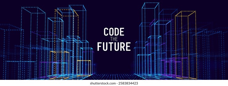 Invest in Future Smart Digital City Concept. Code the Future! High Towers Concept of the Future City. Virtual Reality Abstract Digital Skyscraper Buildings. Modern Technology Vector Illustration.