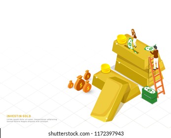 Invest In Gold Concept Based Landing Page Design, Isometric Gold Bar With Coin Stacks, Miniature People Investing Their Money In Gold.