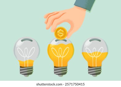 Invest in growth stock concept. Mutual fund or growing money. Businessman dips a coin into a dollar bulb. Economy or rising interest rate. Business flat vector illustration