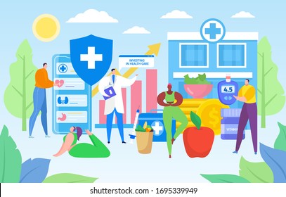 Invest in health care vector illustration. Cartoon flat doctor character analyzing, advising tiny patient active people in healthy lifestyle, do exercise sport activity. Investment healthcare concept