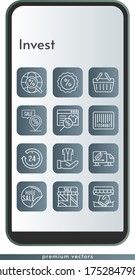 invest icon set. included handshake, online shop, 24-hours, sale, shop, discount, jacket, placeholder, delivery truckinternet, shopping basket icons on phone design background . linear styles.