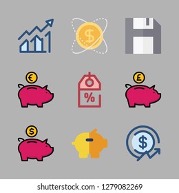 invest icon set. vector set about investment, discount, profits and piggy bank icons set.