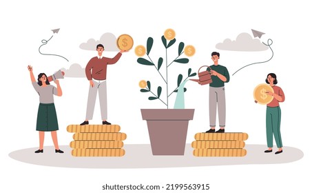 Invest in idea. Characters watering money tree, investors and entrepreneurs. Financial literacy and passive income, economics. Brainstorming and insight, teamwork. Cartoon flat vector illustration