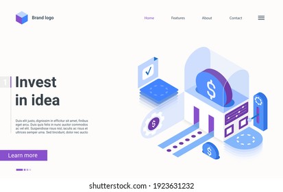 Invest in idea, crowdfunding concept isometric vector illustration. Cartoon 3d investment in idea or fund business startup, fundraising innovation with money coins, finance technology landing page