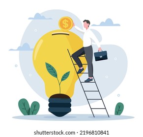 Invest in idea. Man puts coin in light bulb. Entrepreneur or businessman launches start up, young person invests in business. Financial literacy and economics. Cartoon flat vector illustration
