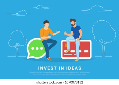 Invest in ideas concept vector illustration of two young men talking about new business idea. Flat people sitting on speech bubble and credit card symbols. Business header for startup or project