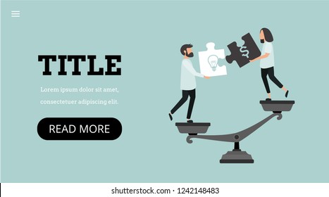 Invest in ideas. Landing page template. Modern flat design concept of web page design with cute young woman and man. Investment.  Business. Finance. Puzzle.