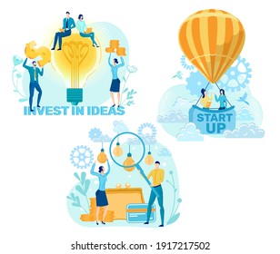 Invest in Ideas and make your Dreams Come True. Men and Women in Business Suits are Holding Gold Coins and Looking at Large Luminous Bulbs. They Working New Ideas that Bring Success to Company.