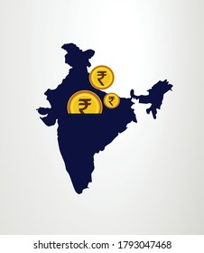 invest in India Concept, Indian rupee coin with Indian map vector illustration, Make in India concept, India development concept, rupee currency, rupee vector, financial concept, Indian economy