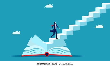 Invest in knowledge. Knowledge creates success. businessman on a book with stairs