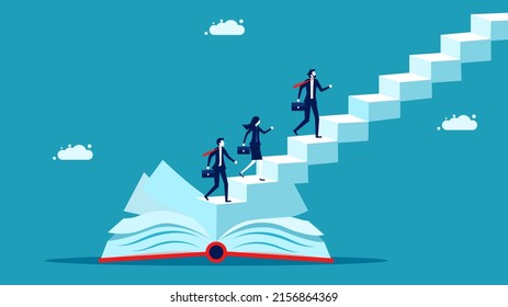 Invest in knowledge. Knowledge creates success. businessman on a book with stairs