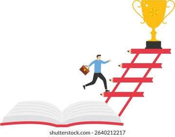 Invest in knowledge. Knowledge creates success. businessman on a book with stairs stock illustration

