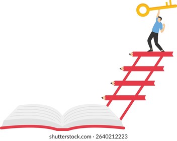 Invest in knowledge. Knowledge creates success. businessman on a book with stairs stock illustration

