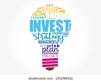 Invest light bulb word cloud, business concept background