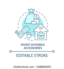 Invest in mobile accessories turquoise concept icon. Equipment. Productivity tip abstract idea thin line illustration. Isolated outline drawing. Editable stroke. Arial, Myriad Pro-Bold fonts used