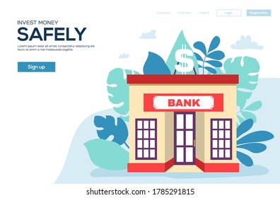 invest money in bank building in city space with road on flat style background concept. Vector illustration design head banner or enter slide. bank flyer, web banner, ui header, enter site.