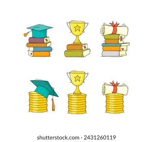 Invest money in education. Icons set of tuition cost, scholarship, school grant. Vector hand drawn illustration with gold coins stack, books and graduation cap, cup, diploma.