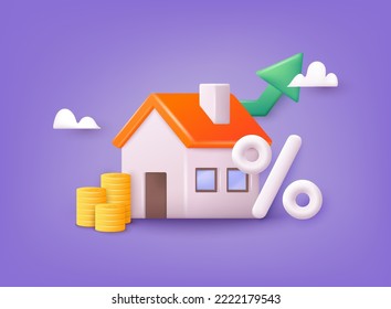 Invest Money in Real Estate Property. House Loan, Rent and Mortgage Concept. 3D Web Vector Illustrations.