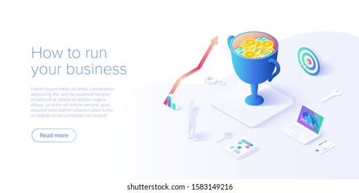 Invest money wisely concept in isometric vector illustration. Long term financial investment with smartphone analytics tool app. Web banner layout template for website or social media.