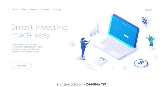 Invest money wisely concept in isometric vector illustration. Long term financial investment with smartphone analytics tool app. Web banner layout template for website or social media.