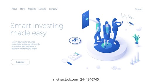 Invest money wisely concept in isometric vector illustration. Long term financial investment with smartphone analytics tool app. Web banner layout template for website or social media.