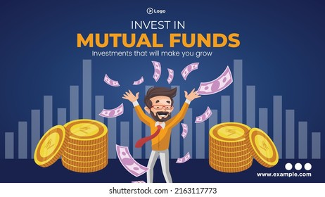 Invest in mutual funds landscape banner design template.  