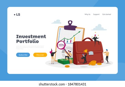 Invest Portfolio Landing Page Template. Tiny Investors Characters at Huge Briefcase and Info Chart. Stock Market Professional Trading Strategy, Economic Management. Cartoon People Vector Illustration