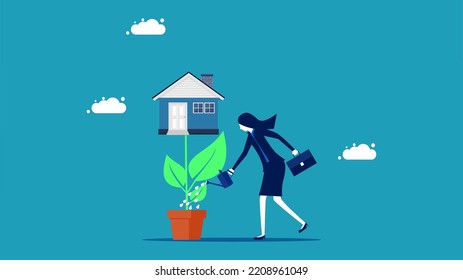 Invest in real estate. Businesswoman planting a tree that houses a house